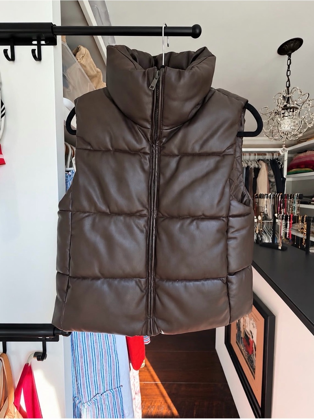 GAP Brown Faux Leather Funnel Neck Puffer Vest - Sleeveless Zip Front